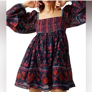 Free People Navy Floral Mini Dress with Red & Teal Accents